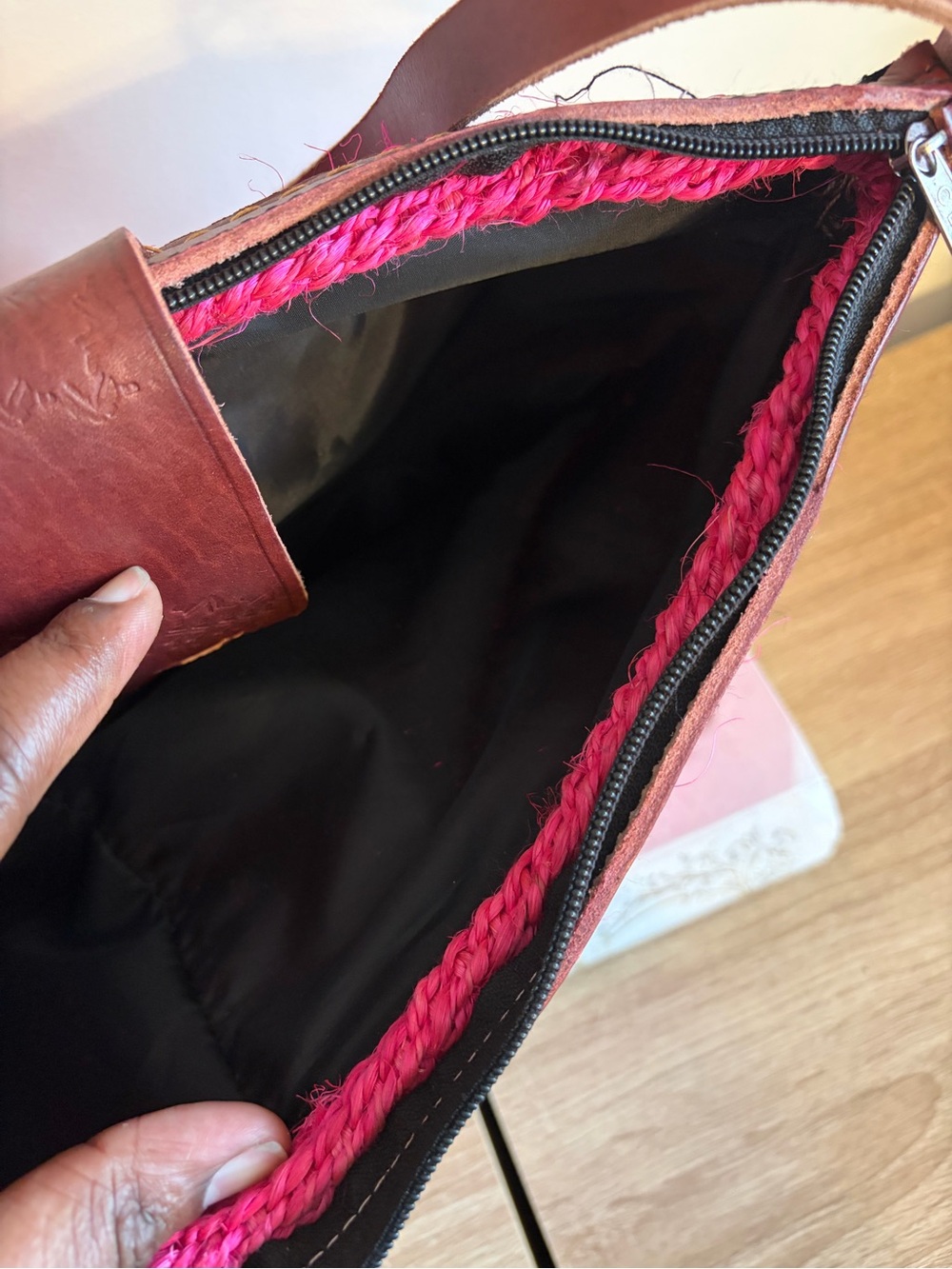 Bright Pink Straw Crossbody with Brown Leather Trim - Picture 4 of 4
